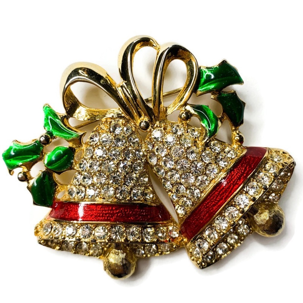 Vintage Christmas Tree Bells Enamel Rhinestone Pin